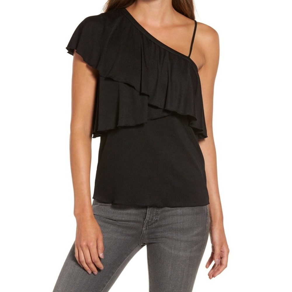 Chelsea28 from Nordstrom Black One Shoulder Ruffle Flutter Top, Large, Like New